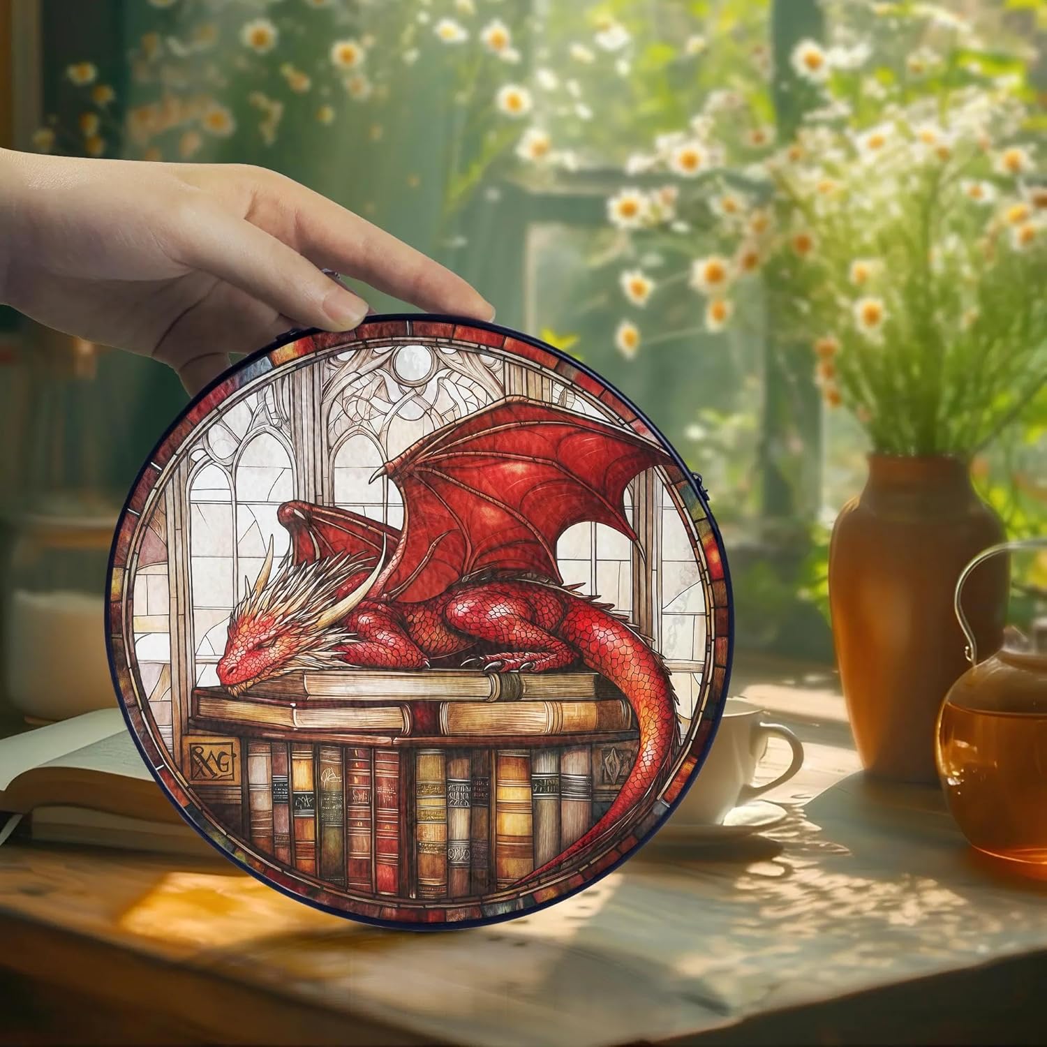 Red Book Dragon Suncatcher for Windows Hanging Stained Glass Decor Fantasy Book Lovers Gifts for Women Girls Men Kid Birthday Christmas Dragon Themed Gifts Indoors & Outdoors Garden Decoration - Image 3