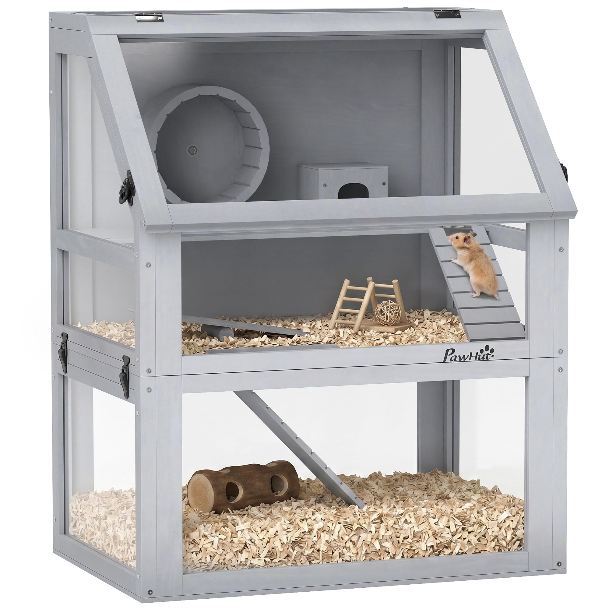 PawHut Jaula de madera para hámster de 3 niveles, color gris claro | Jaula de jerbo, parte inferior desmontable de 32 cm de profundidad, cabaña, balancín, rueda de ejercicio, rampas