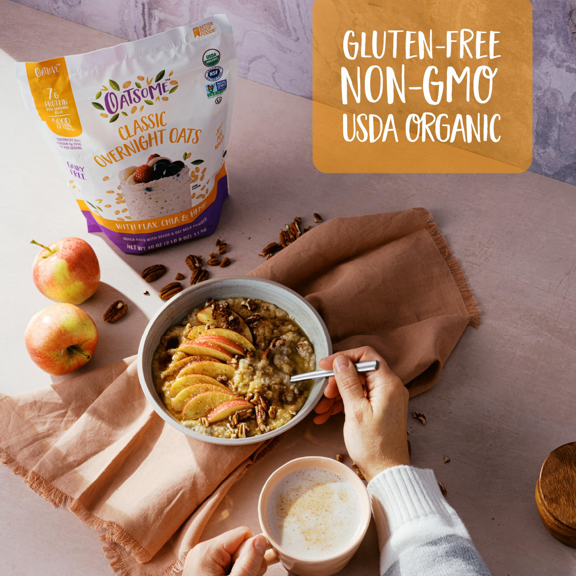 Oatsome Organiczne płatki owsiane na noc z chią, lnem i konopiami, bezglutenowe płatki owsiane z 7 g białka, worek 1,1 kg