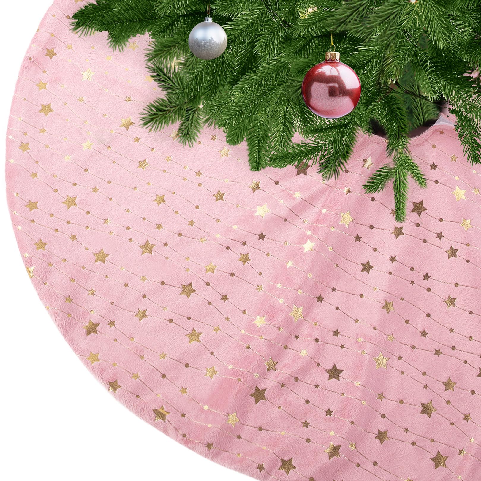 KONVINIT Pink Christmas Tree Skirt Velvet Xmas Tree Skirt with Golden Star Christmas Tree Mat Blanket Floor Protector Luxury Christmas Tree Decorations — image 1