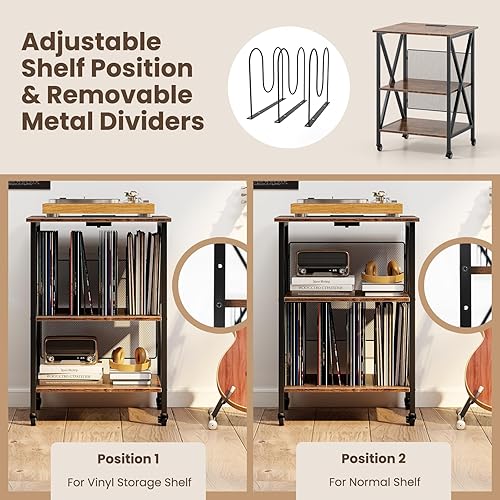 Miniatura 5 de Giantex Soporte para tocadiscos con estación de carga, soporte para tocadiscos con almacenamiento de discos y 4 ruedas rodantes, mesa de