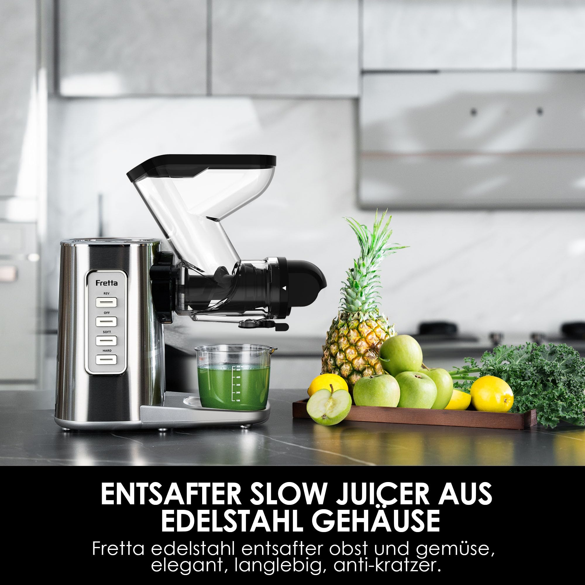 Fretta Entsafter Slow Juicer Entsafter Gemüse und Obst Testsieger Edelstahl | BPA-frei,Abnehmbare, Spülmaschinenfest,76mm Öffnung,Ganze Früchte,Hohe Saftausbeute,Leistungsstarke 200W,Leise,Umkehrfunktion