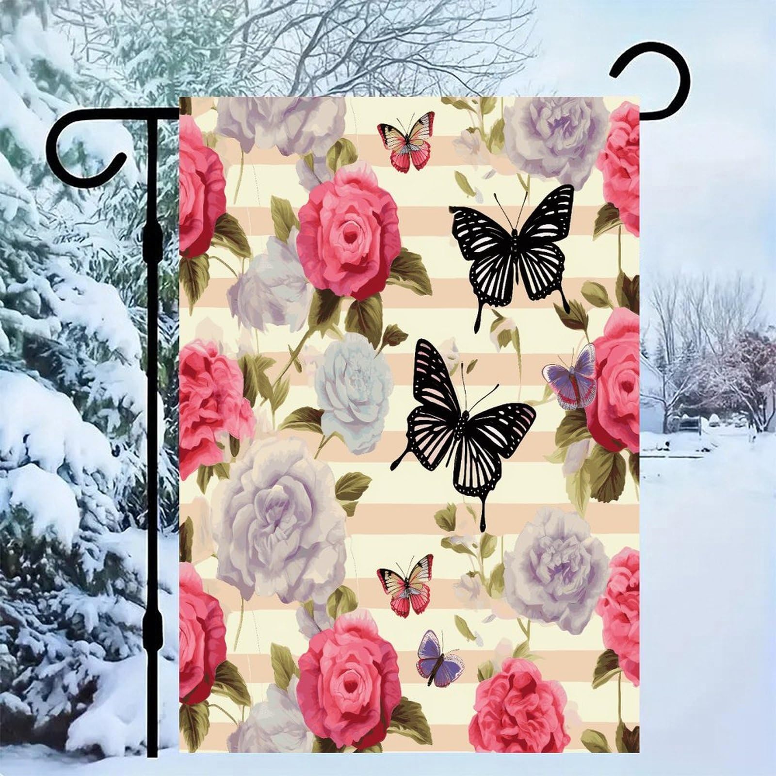 Bandera de jardín de mariposas y flores 12x18 decorativa exterior