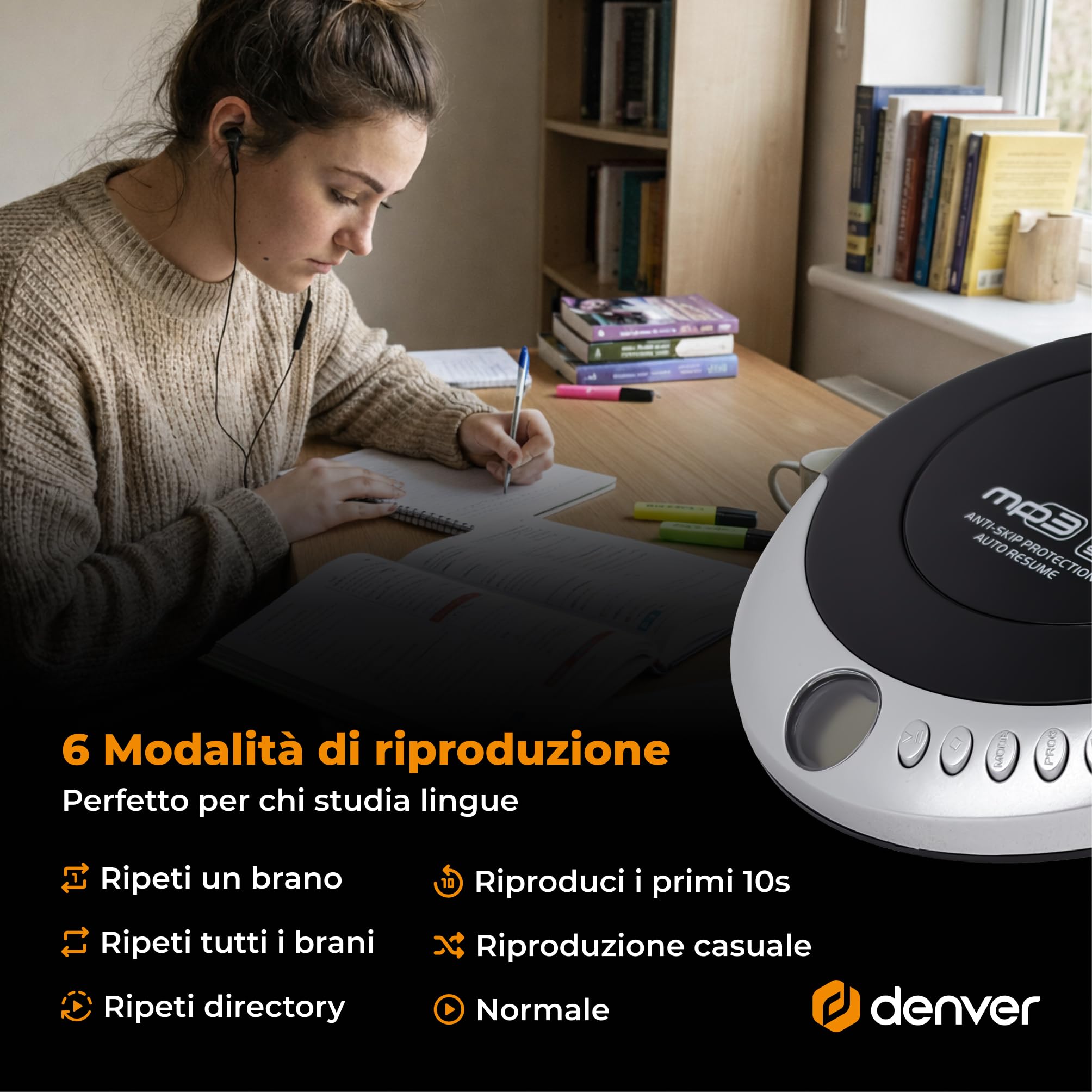 Denver DMP-391 Lettore CD Portatile Walkman Anti-Shock Bassi