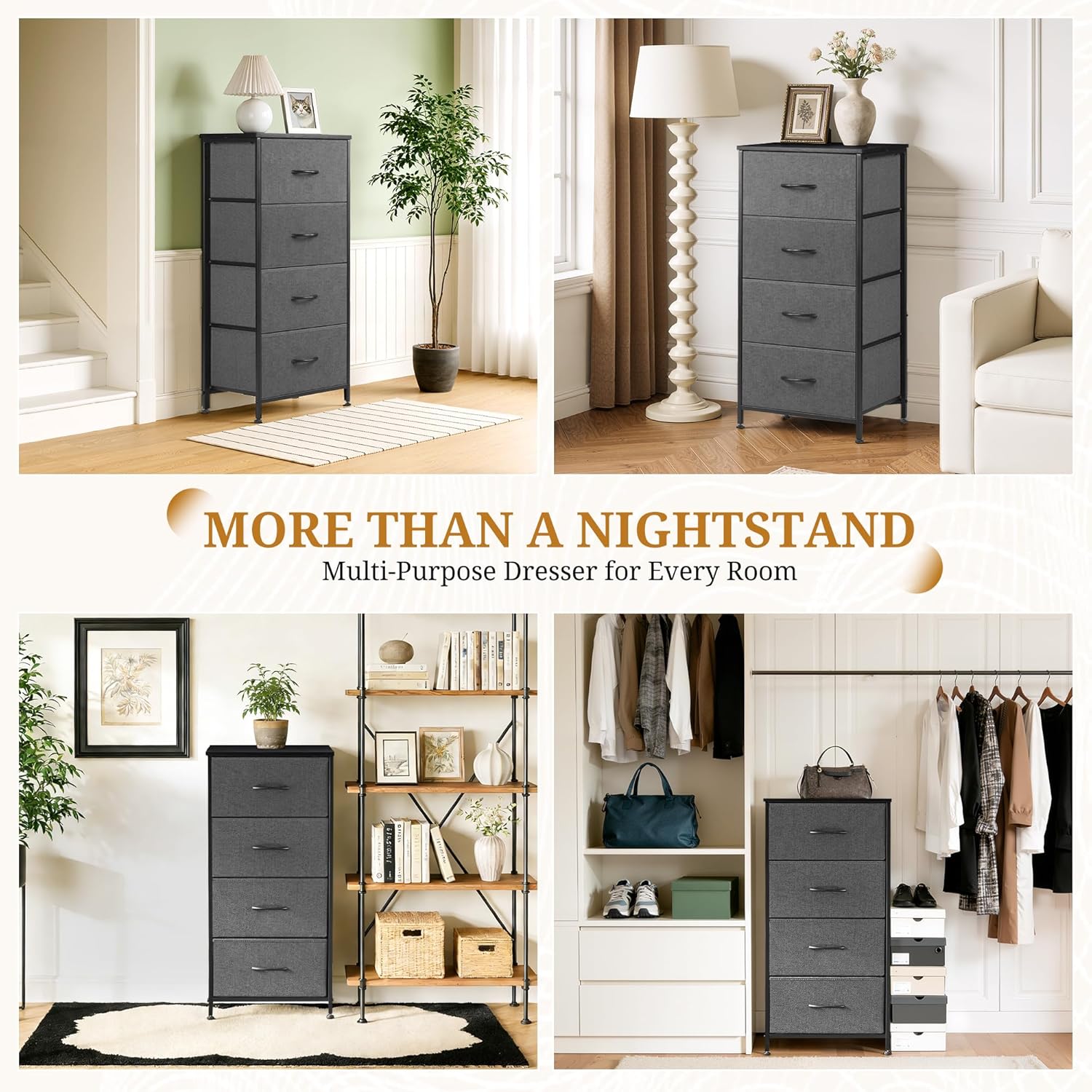 Nightstand with 4 Fabric Drawers, 37.4" H Tall Narrow Bedside Table with Wooden Top Steel Frame for Bedroom, Dorm, Closet, Living Room, Grey