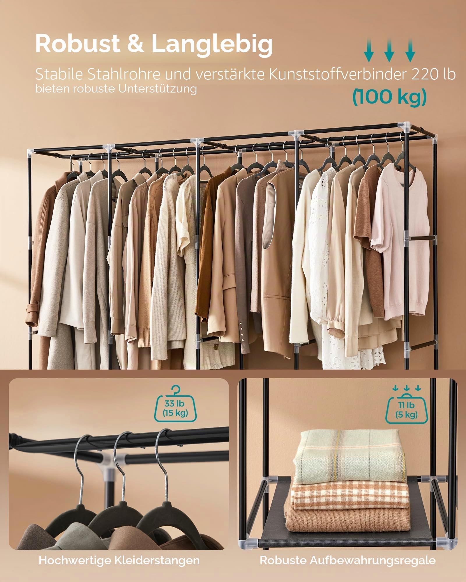 SONGMICS Tragbarer Schrank, Kleiderschrank-Organizer mit Abdeckung, 4 Kleiderstangen und Regalen, 4 Seitentaschen, 45 x 170 x 165 cm, große Kapazität für Schlafzimmer, Wohnzimmer, Schwarz URYG094B02