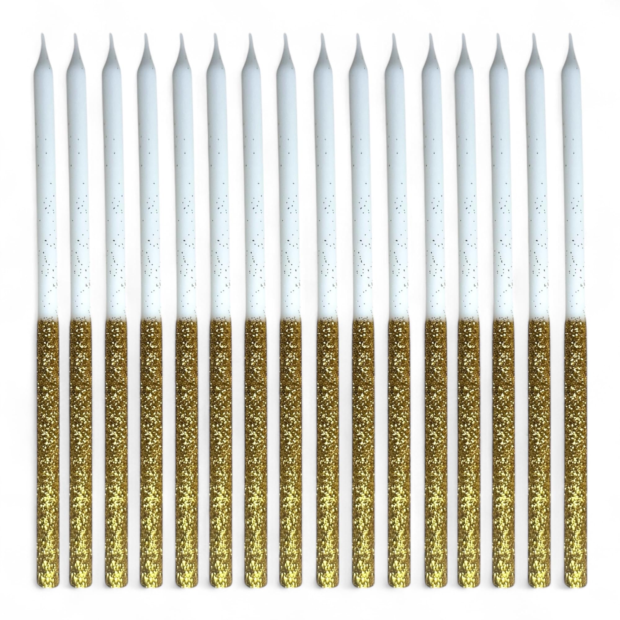 Candele lunghe per torta di compleanno oro bianco con glitter dorati, set di 16 decorazioni per torte con supporti