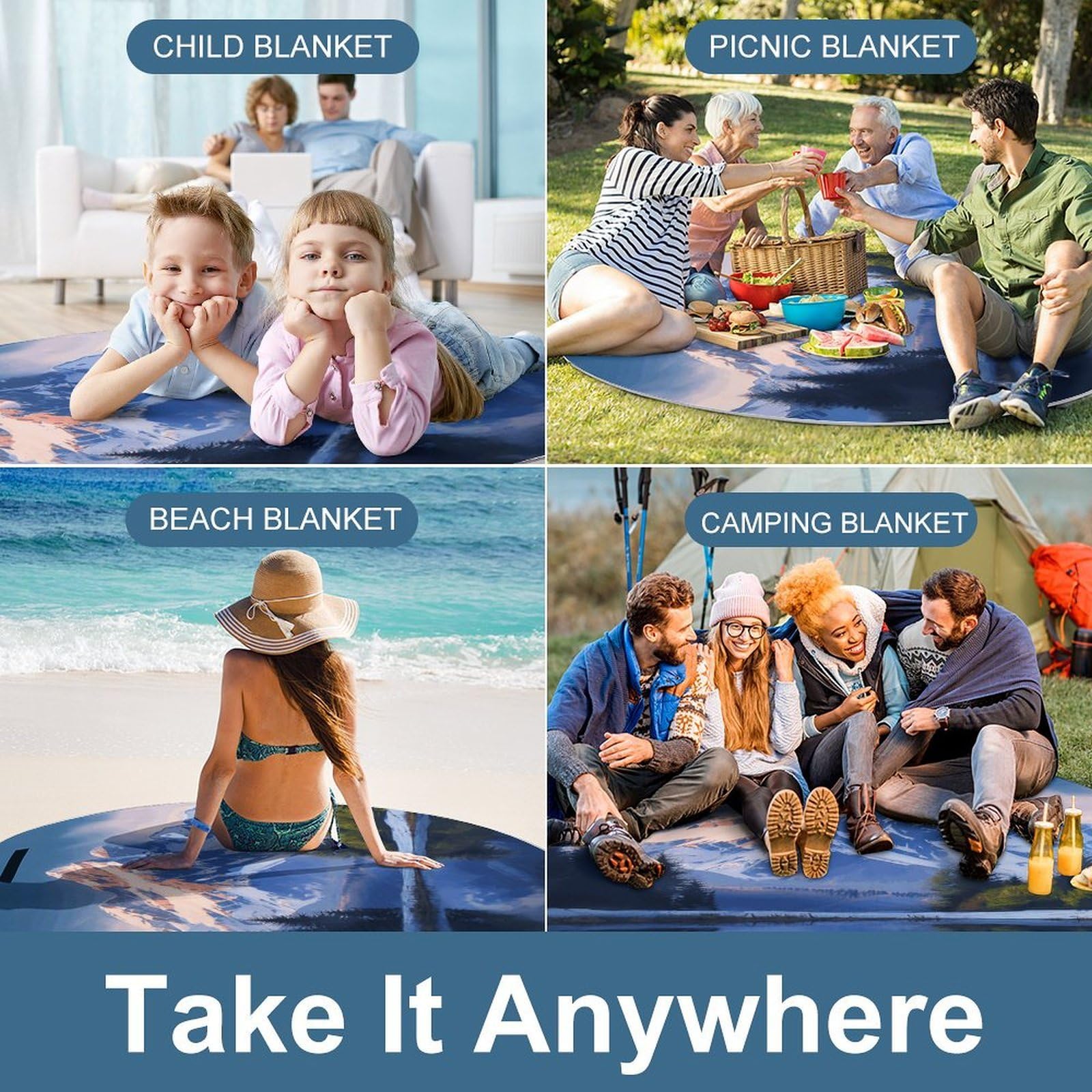 Coperta da picnic con neve e montagna, rotonda, pieghevole, leggera, coperta da spiaggia, impermeabile, coperta per attività all'aperto per primavera, estate, campeggio, parco, erba da
