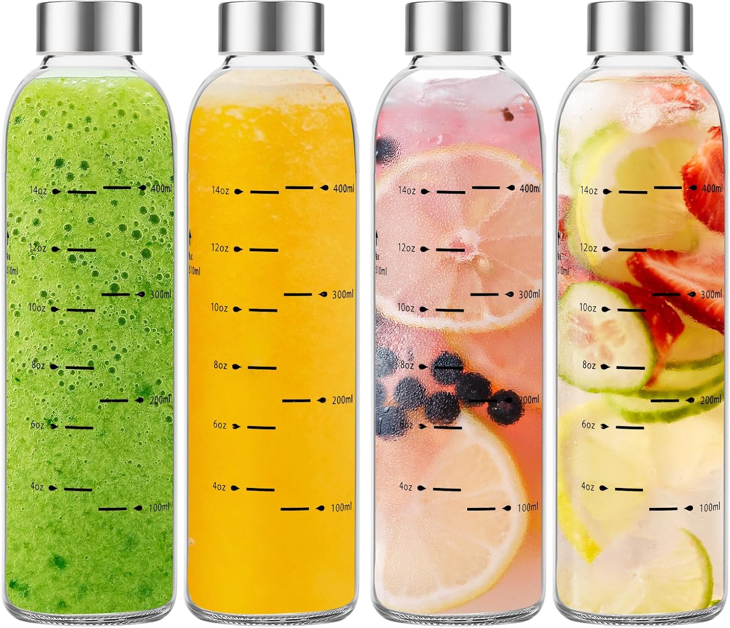 Glass Water Bottles with Lids 17 oz, Clear Juice Bottles With Stainless Steel Cap, Reusable Glass Drinking Bottle for Juicing, Refrigerator,100% Leak Proof, BPA Free