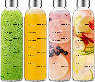 Glass Water Bottles with Lids 17 oz, Clear Juice Bottles With Stainless Steel Cap, Reusable Glass Drinking Bottle for Juicing, Refrigerator,100% Leak Proof, BPA Free