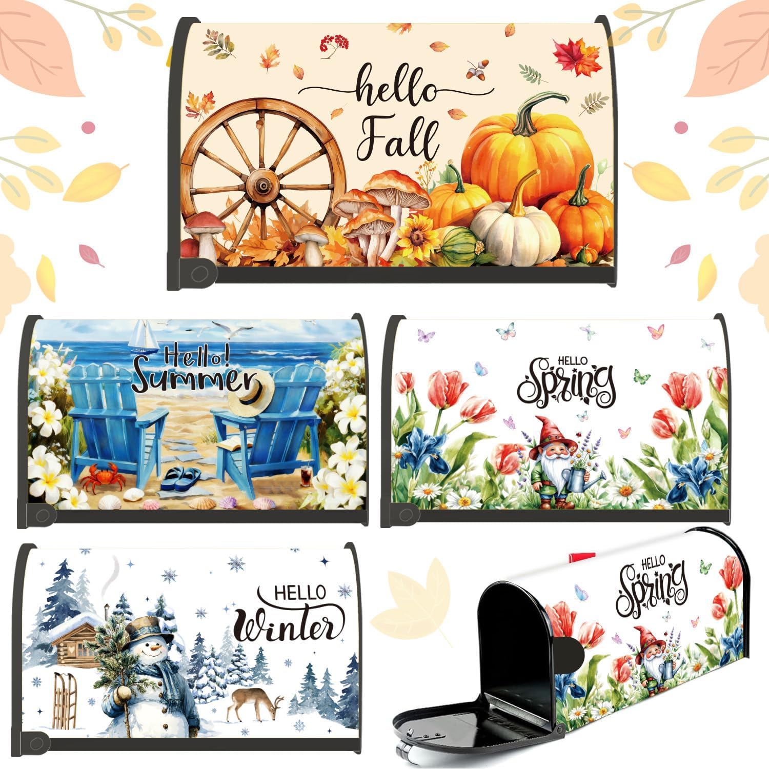 Magnetic Mailbox Covers Standard Size 18 x 21 Inch - 4 PCS Seasonal Hello Spring Summer Fall Winter Magnetic Mailbox Covers Wraps, Outside Garden Patio Yard Home