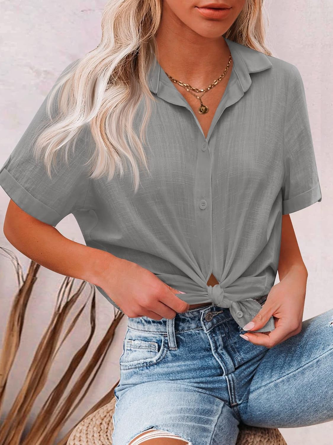 Button Down Shirt Women 2XL  Sleeve Blouses V Neck Collared Button Up Summer Beach Tops
