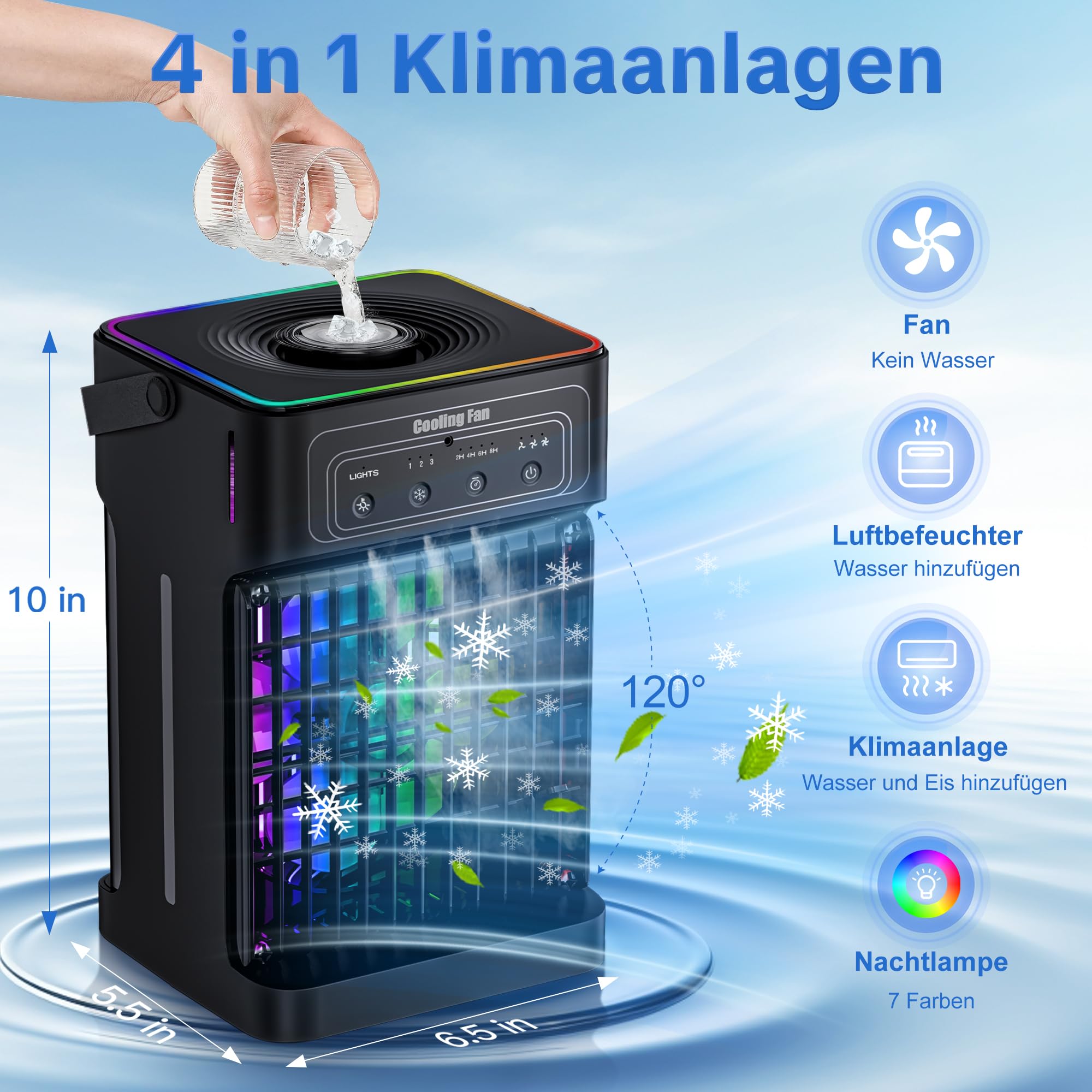 Klimaanlage Mobil, 4-in-1 Mobile Klimaanlage, Ventilator mit Wasserkühlung 1100ml Wassertank, Air Conditioner mit 3 Windgeschwindigkeiten,7 Farben Licht 3 Sprühfunktion, 2-8H Timer für Schlafzimmer