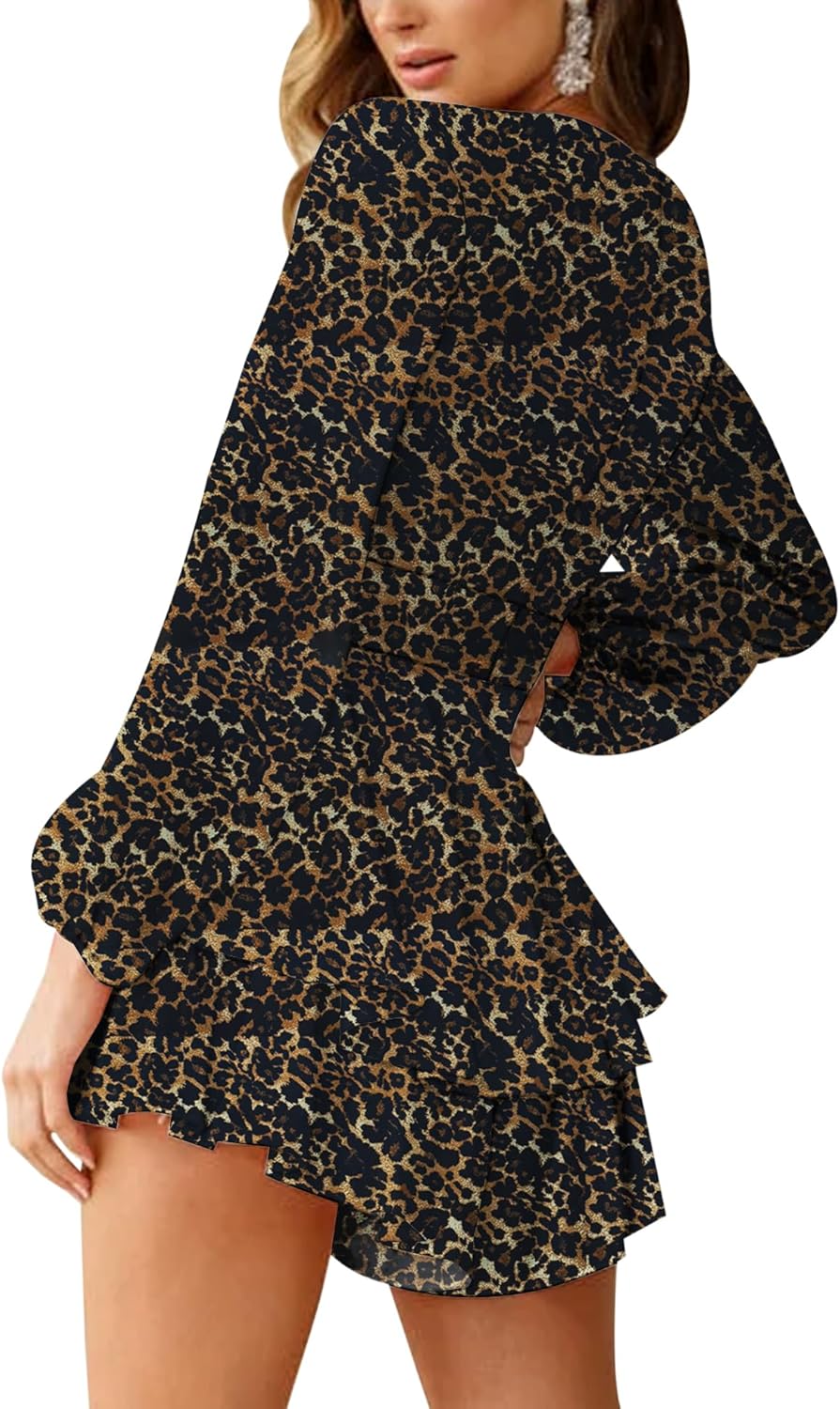 AIMCOO Women's Floral Print Deep V-Neck Romper Double Layer Ruffle Hem Jumpsuits Long Baggy Sleeves Waist Tie Short Rompers - Image 5