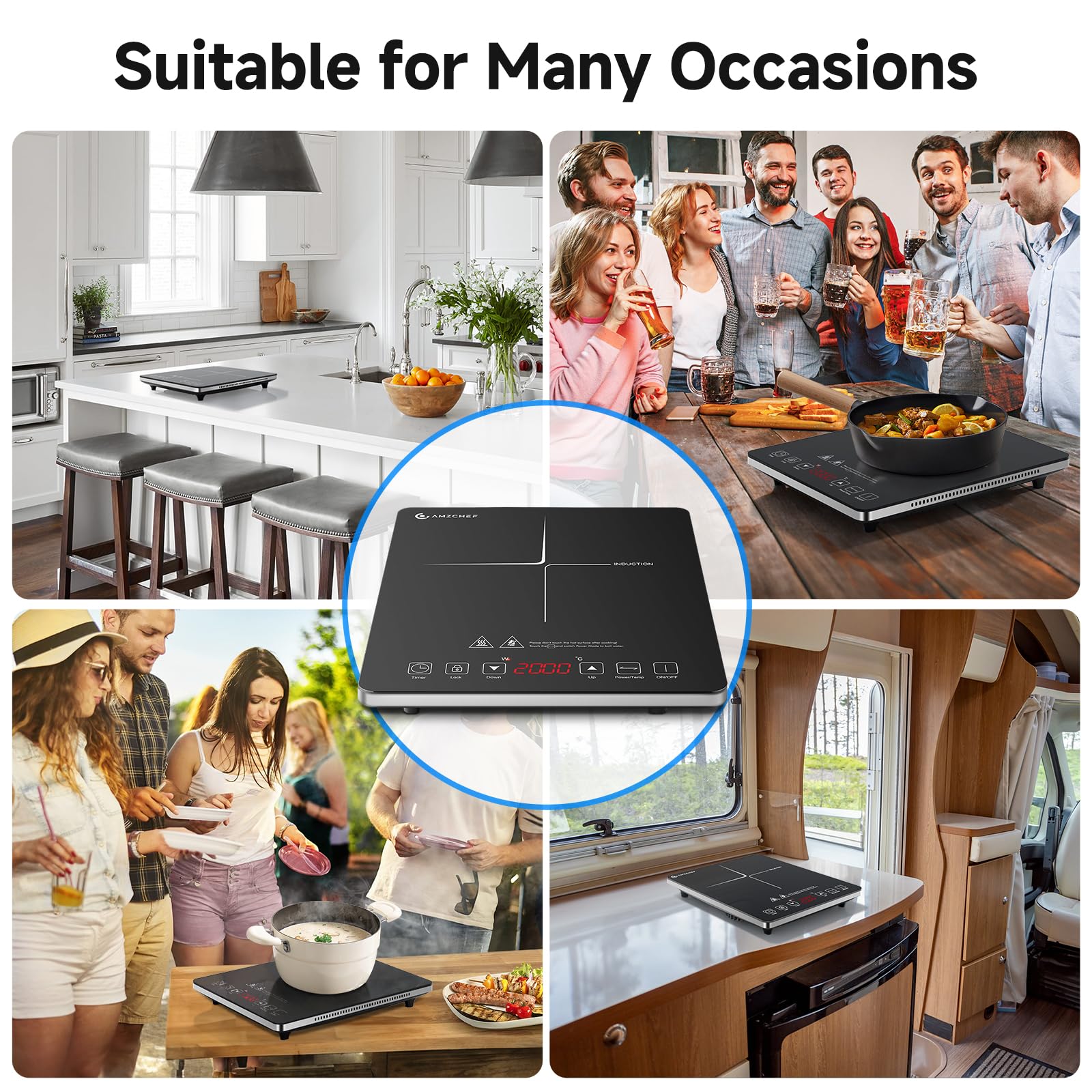 Piastra ad induzione,AMZCHEF piano Cottura a induzione elettrica con superficie in vetro cristallo nero, design portatile ultrasottile, controllo touch sensor e blocco di sicurezza,2000W