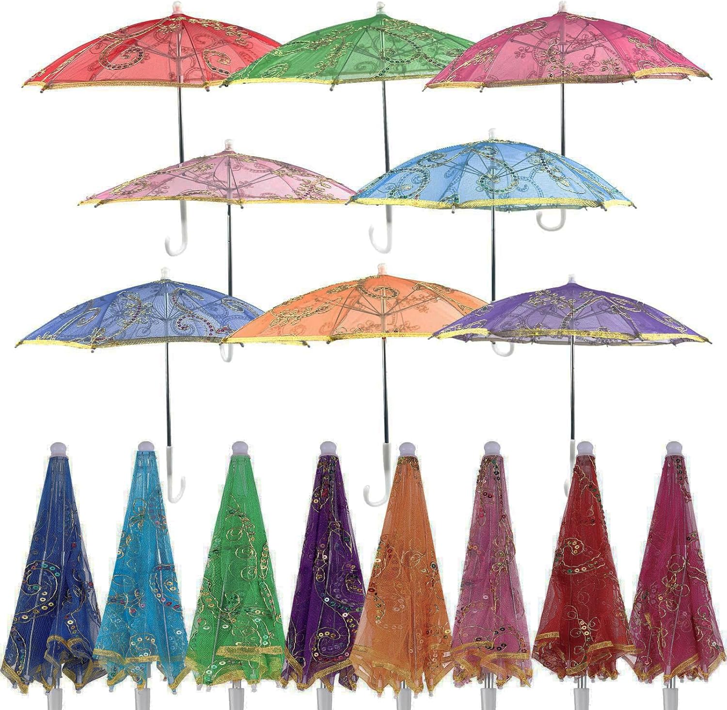 8pcs Mini Sequins Lace Indian Umbrella for Decor, Multi Colored Handmade Designer Embroidery Parasol Umbrella, Vintage Boho Shining Umbrellas Parasol for Wedding Party Baby Shower, Tea Party(16.5X19.6IN)