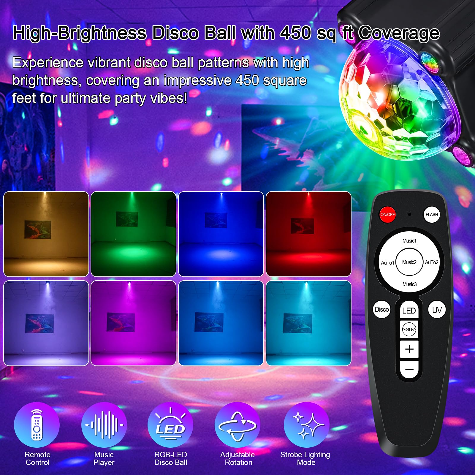 Aktywowane dźwiękiem lampki na imprezę dyskotekową, DJ Disco Ball z pilotem, stroboskopowe oświetlenie sceniczne lampa do wewnątrz, na zewnątrz, do domu, pokoju, tańca, na urodziny, karaoke