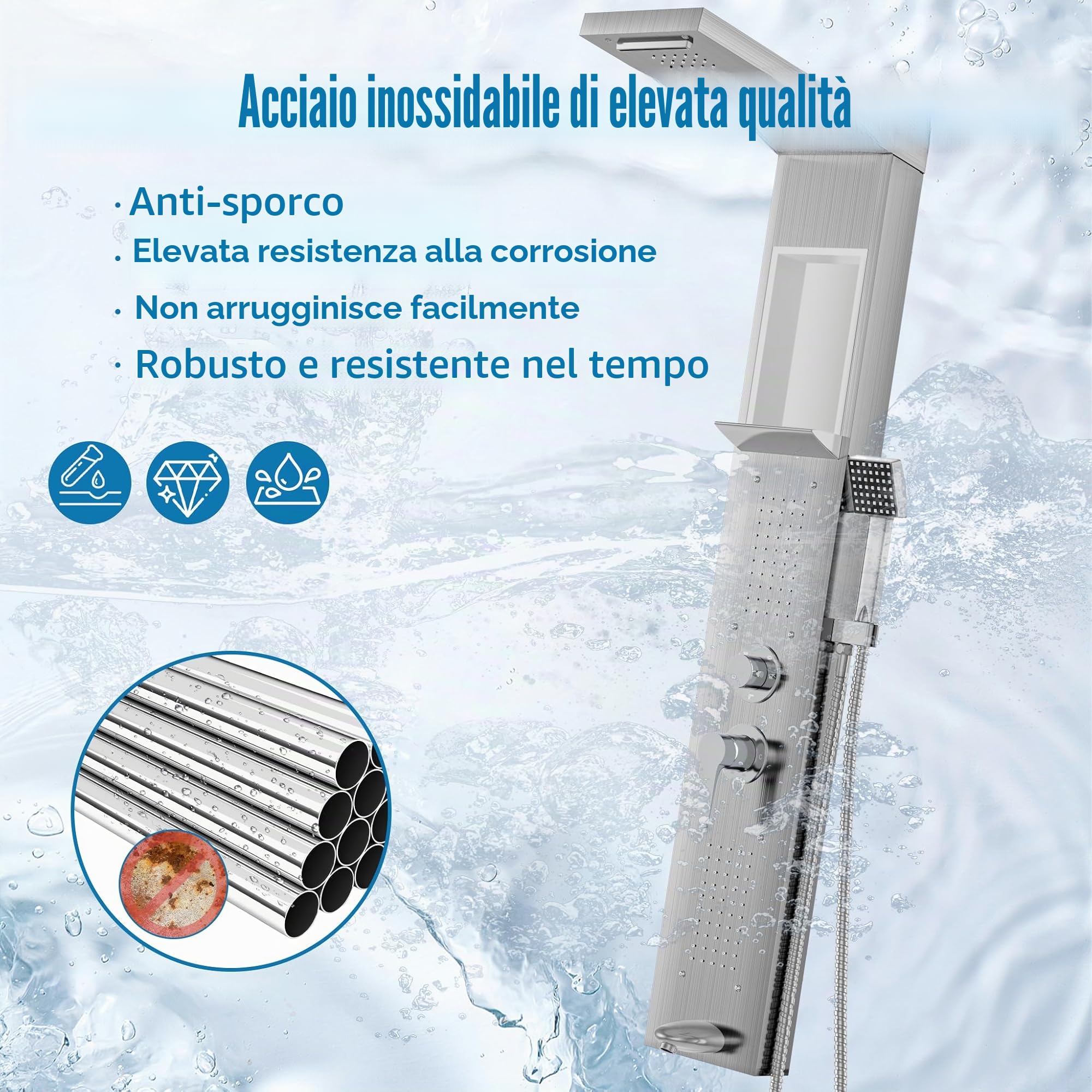 NAIZY Pannello doccia con rubinetto, sistema 5 in 1 con ripiano integrato, set multifunzione con doccetta per massaggio, cascata e pioggia, rubinetto in acciaio inox 304