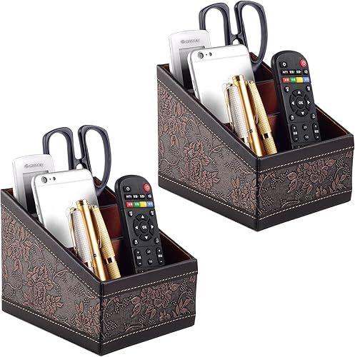 Soporte de control remoto de TV de piel sintética de moda con 3 compartimentos, organizador de escritorio para cable de DVD, bloc de notas y