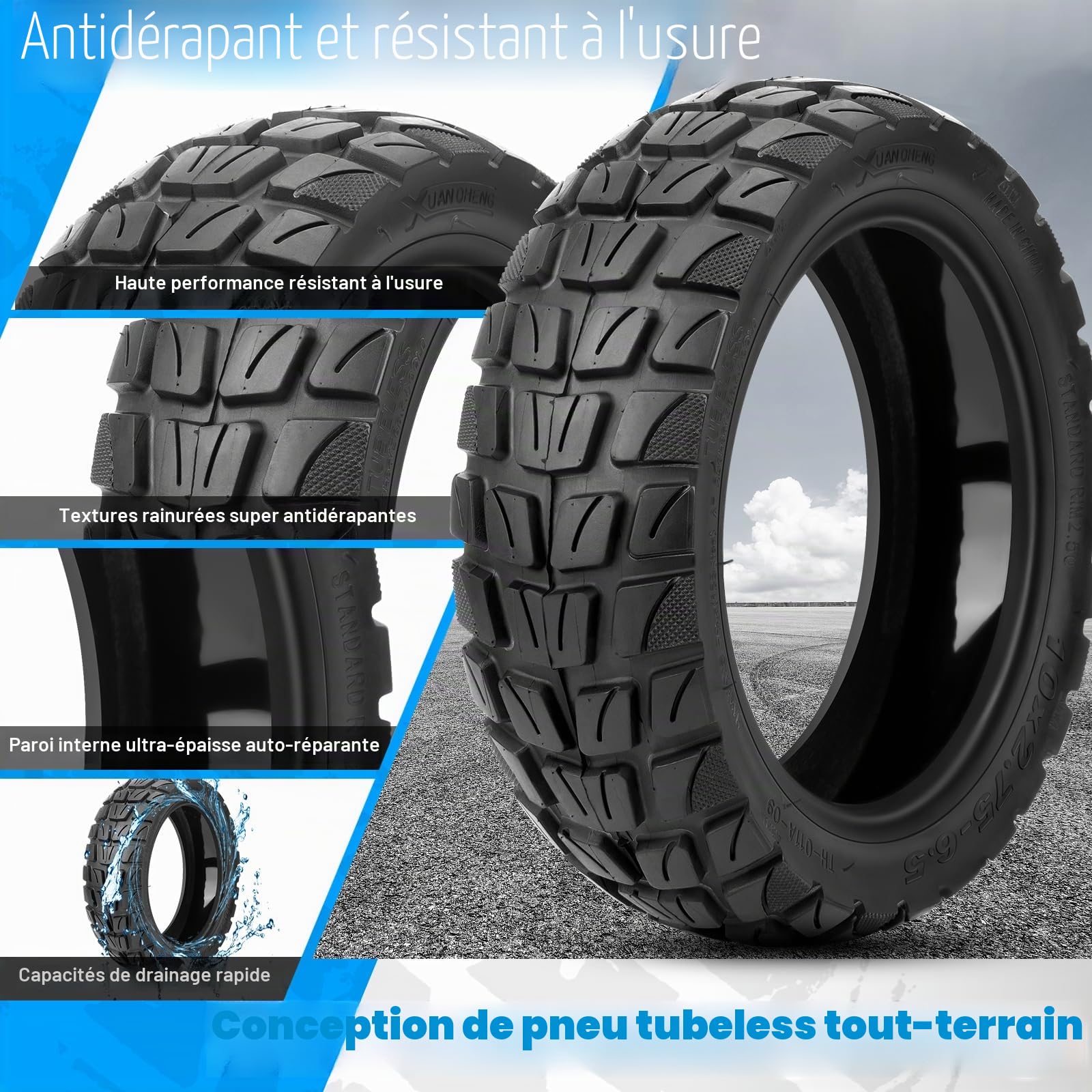 Pneu 10x2.75-6.5 Tubeless Offroad pour Kukirin G2 Master Trotinette, Pneu Tubeless 10x2.75-6.5 avec Gel Auto Réparer, 10 Pouces Pneu Sans Chambre a Air avec Valve, Anti-Usure & Dérapant, 1PCS