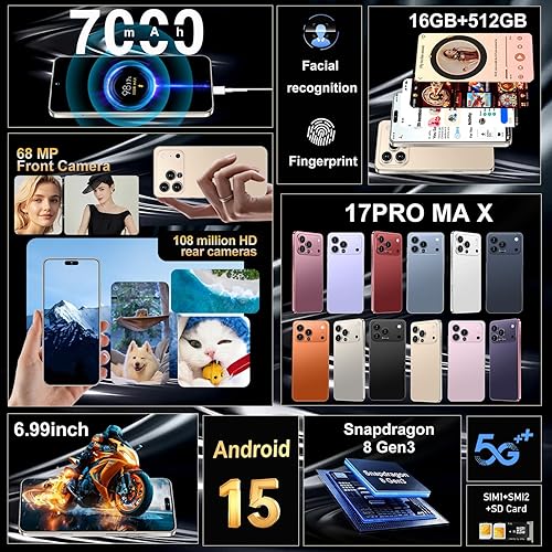 Miniatura 4 de 17PROMA X 16GB+512GB 6.99" HD Screen Smartphone desbloqueado Teléfono celular, Android 15, batería 7000mAh desbloqueado el teléfono, desbloqueo