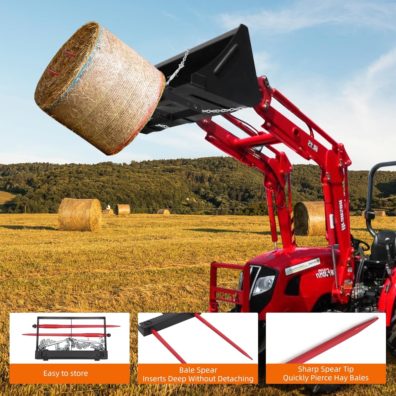 GarveeLife 49" Hay Spear,Bale Spear 4000lbs Capacity Universal Bucket Front Skid Steer Loader Tractor Bucket Attachment Quick Attach for Bobcat Tractors