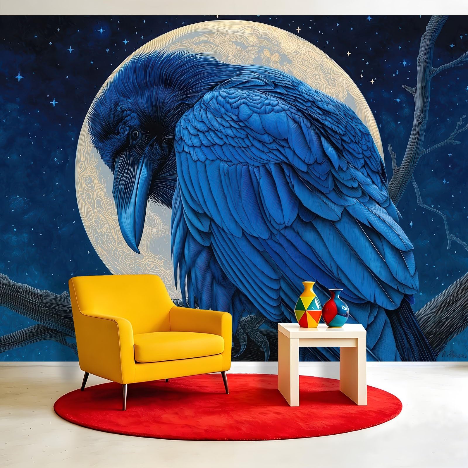 Panoramiczna tapeta z włókniny 350 x 256 cm fantazyjny gotycki gwiaździste niebo gobelin plakat dekoracja ścienna do pokoju dziecięcego, salonu sypialni - zwierzęta kruk pełnia księżyc martwe gałęzie