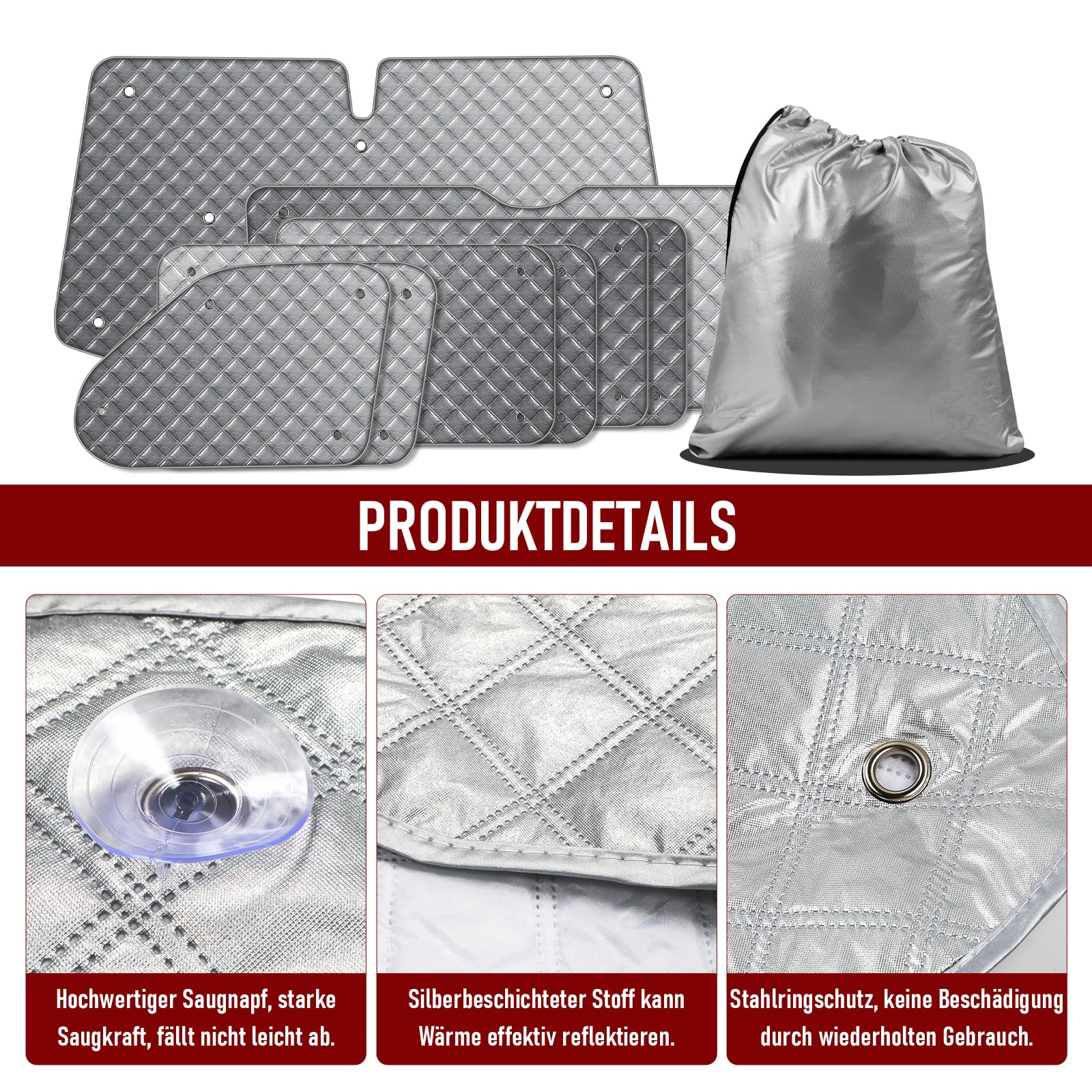 MaxAwe Set di 8 pezzi di tappetini termici per cabina del conducente adatto per VW T5/T6 SWB, lussuoso parasole interno per auto, copertura parabrezza, set di tende oscuranti termiche, protezione