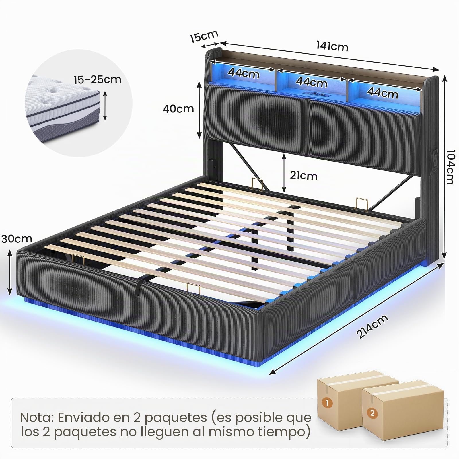 AOGLLATI Cama Matrimonial 140x190 con Almacenamiento Hidráulico | Cama Juvenil con Cabecero, Cama Canape con 270° LED y Carga Integrada, Somier Estructura de Cama Listones Madera, Pana Gris