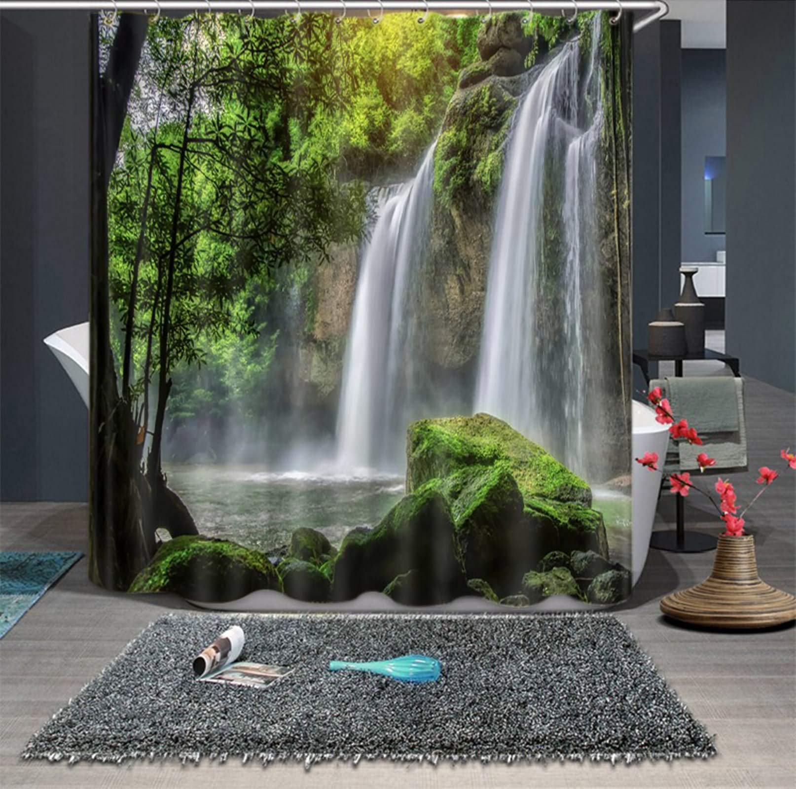 Rideau de douche japonais 200x180 cm vert forêt cascade grand format