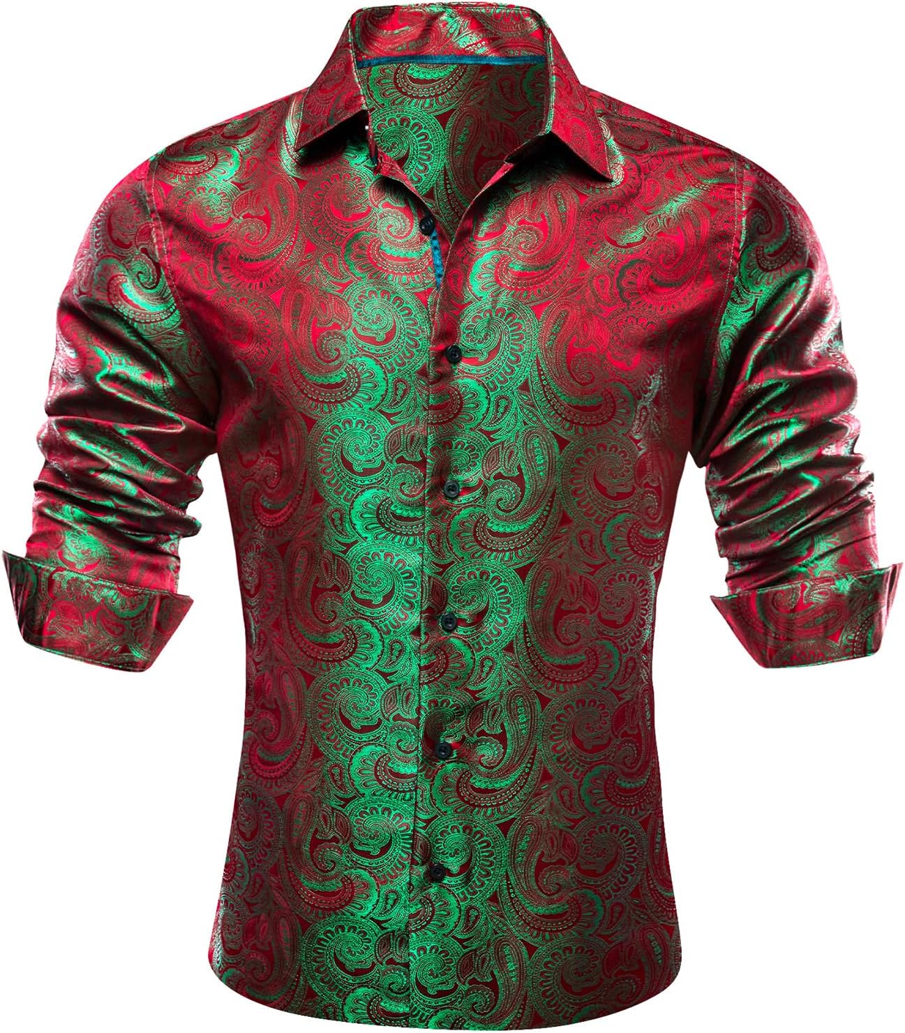 Barry.Wang Men Dress Shirts Paisley 70s Disco Shirt Button Down Silk Long Sleeve Tops for Wedding/Prom/Party/Nightclub