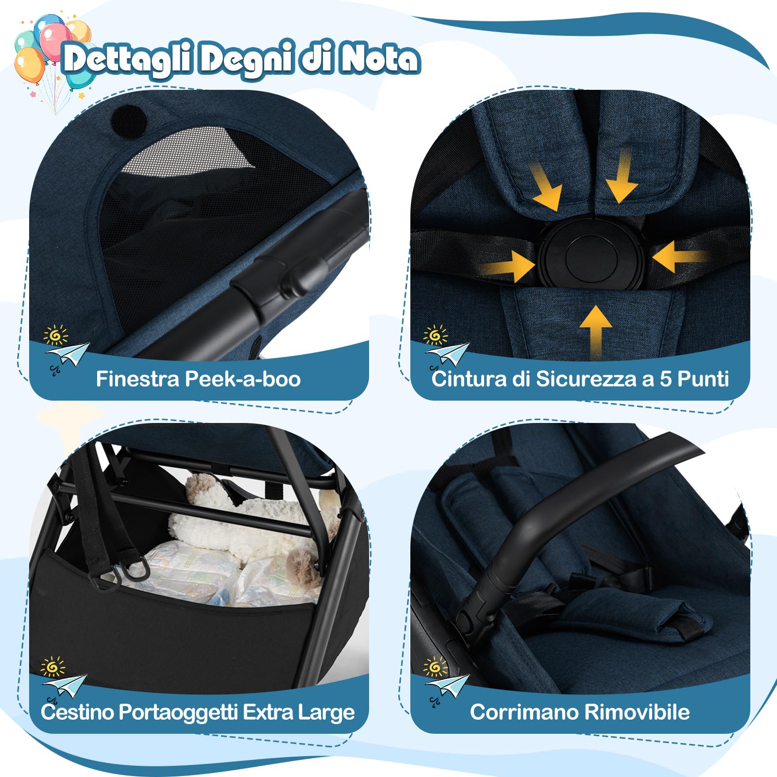 RELAX4LIFE Passeggino Leggero, per Bambini 0-3 Anni, Pieghevole, con Tettuccio Apribile, Ruota Universale con Freno, Cintura di Sicurezza, Cestino Portaoggetti, Portata di 15 kg (Blu)