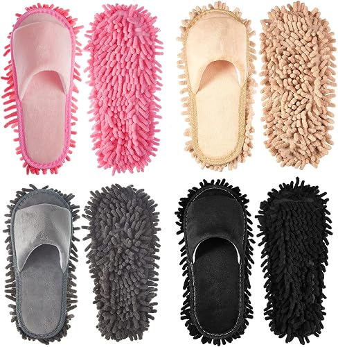 4-Pair Washable Microfiber Mop Slippers - Detachable Dusting Shoes for Floor Cleaning, Home & Office Use - Suitable for Women & Men