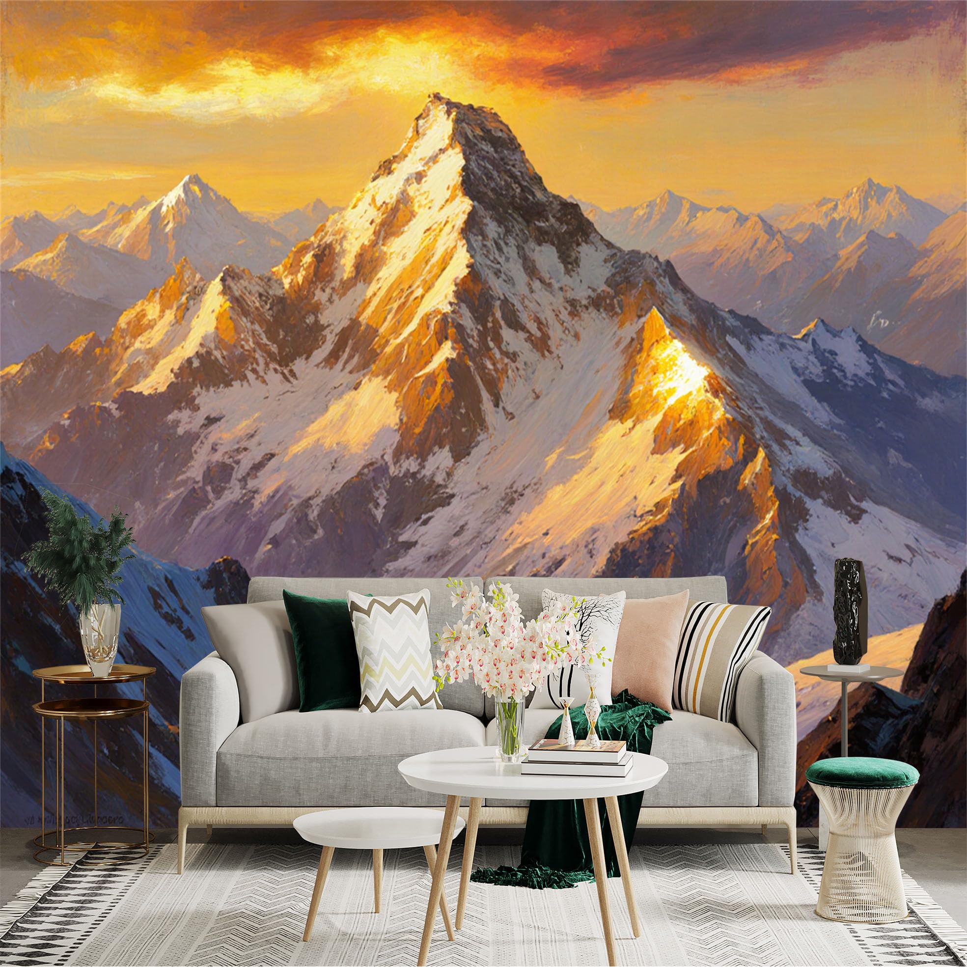 Custom Size Wall Sticker Mural， Majestic Golden Snow Peak， Alpenglow Mountain Range， Picturesque Alpine Scenery， for wall Decoration， peelandstick wall Decals.