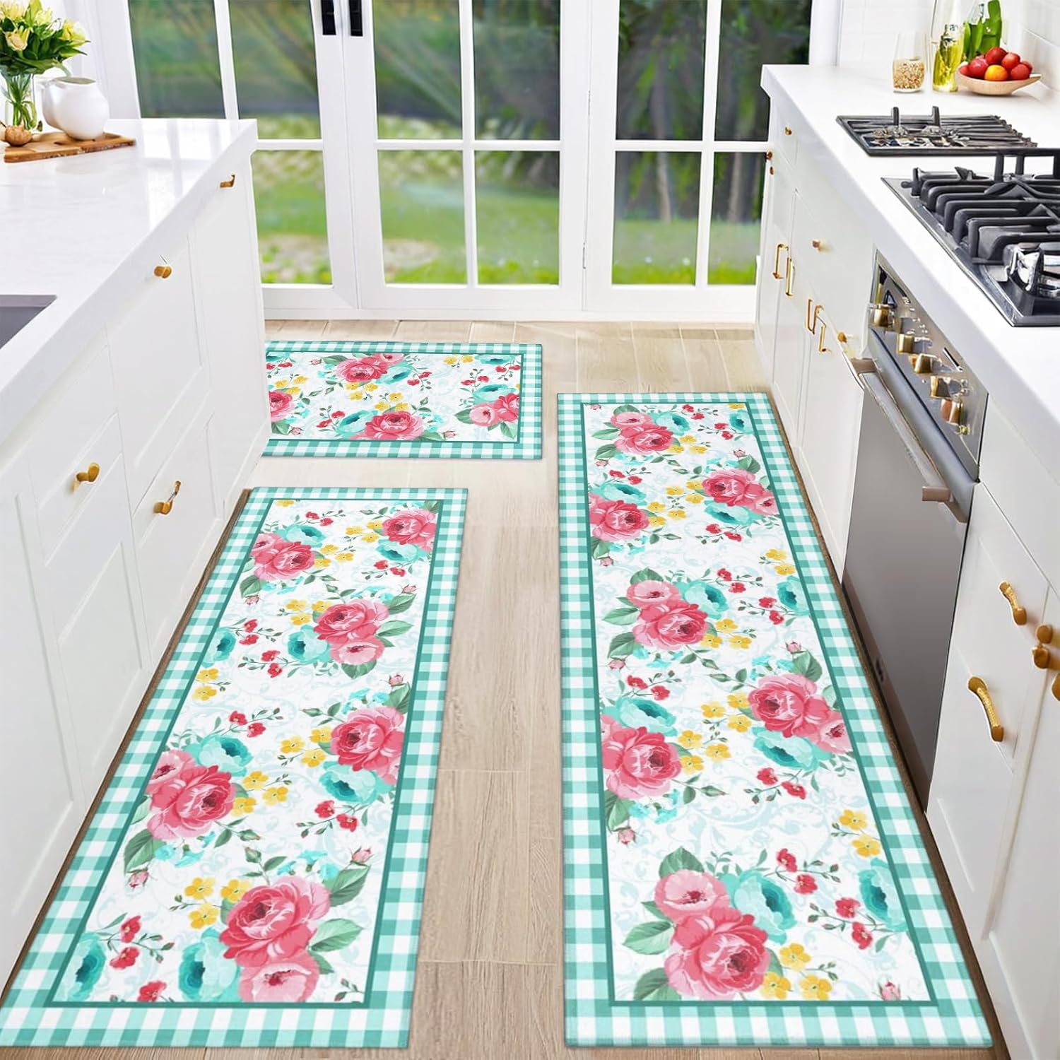 Red Teal Floral Kitchen Rugs and Mats Non-Skid Washable for Floor, Floral Teal Kitchen Decor and Accessories Kitchen Mat Set of 3, 17"x30"+17"x47"+17"x59"