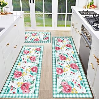 Red Teal Floral Kitchen Rugs and Mats Non-Skid Washable for Floor, Flora...