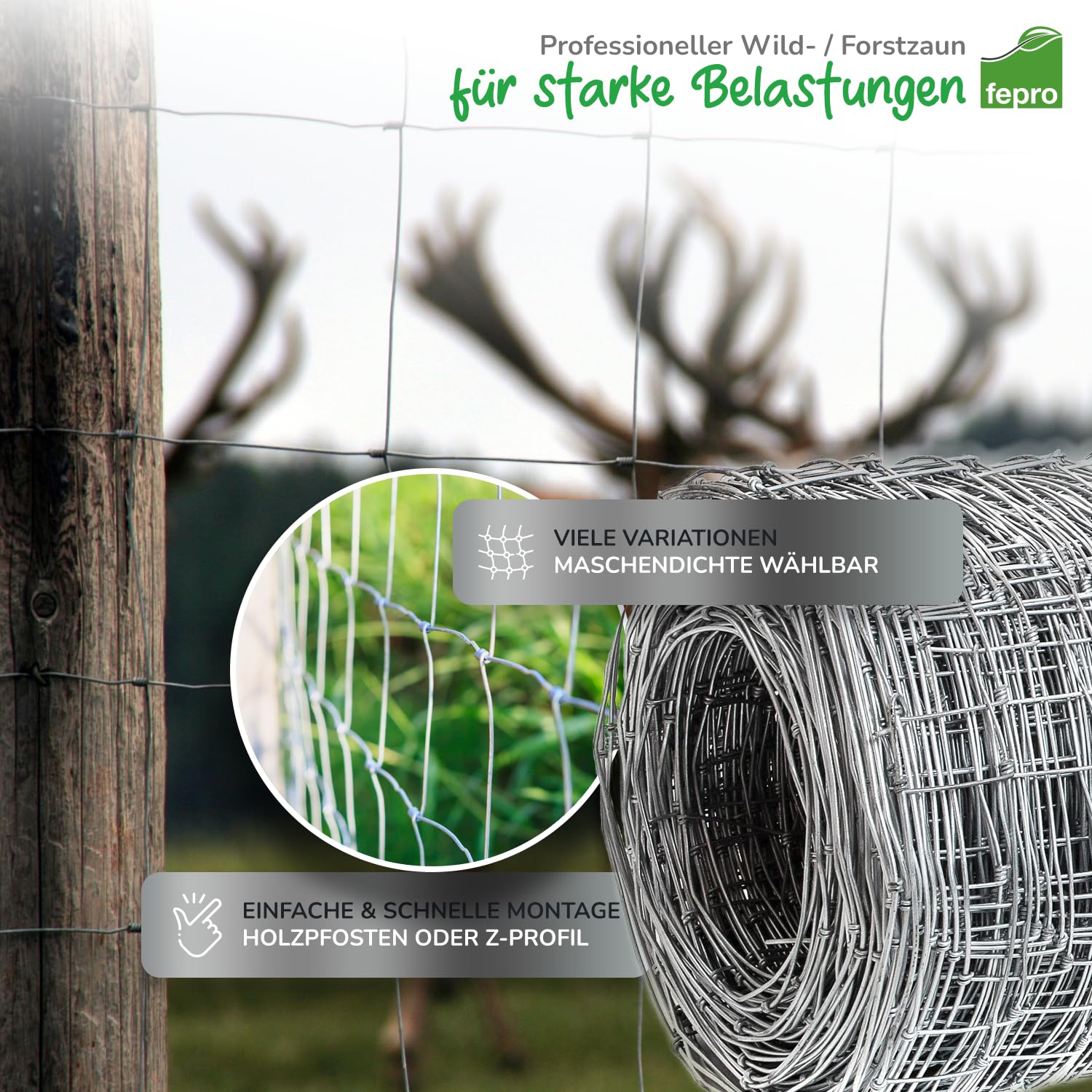 Panorama24 Wildzaun 150/13/15 50m Gartenzaun, Wildzaun, Weidezaun, Forstzaun, Drahtzaun, Knotengeflecht, STARK GEGEN Hirsche, Rehe, Wildschweine, Dachse, Hasen & mehr Wildtiere & Schadtiere