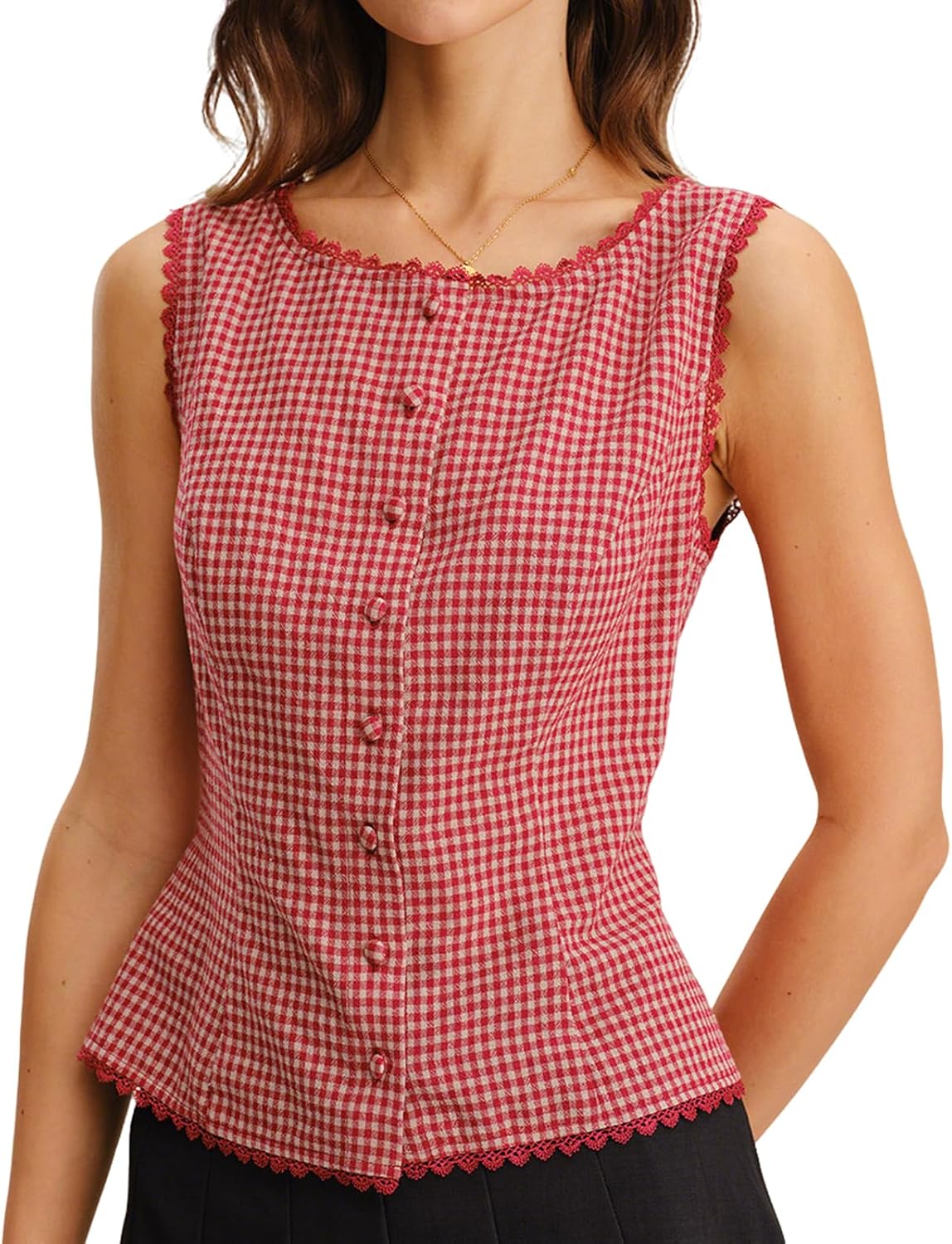 RIHOAS Women's Brown Plaid Sleeveless Button Down Blouse - Lace Trim Fitted Waist Business Casual Work Tops for Spring Summer