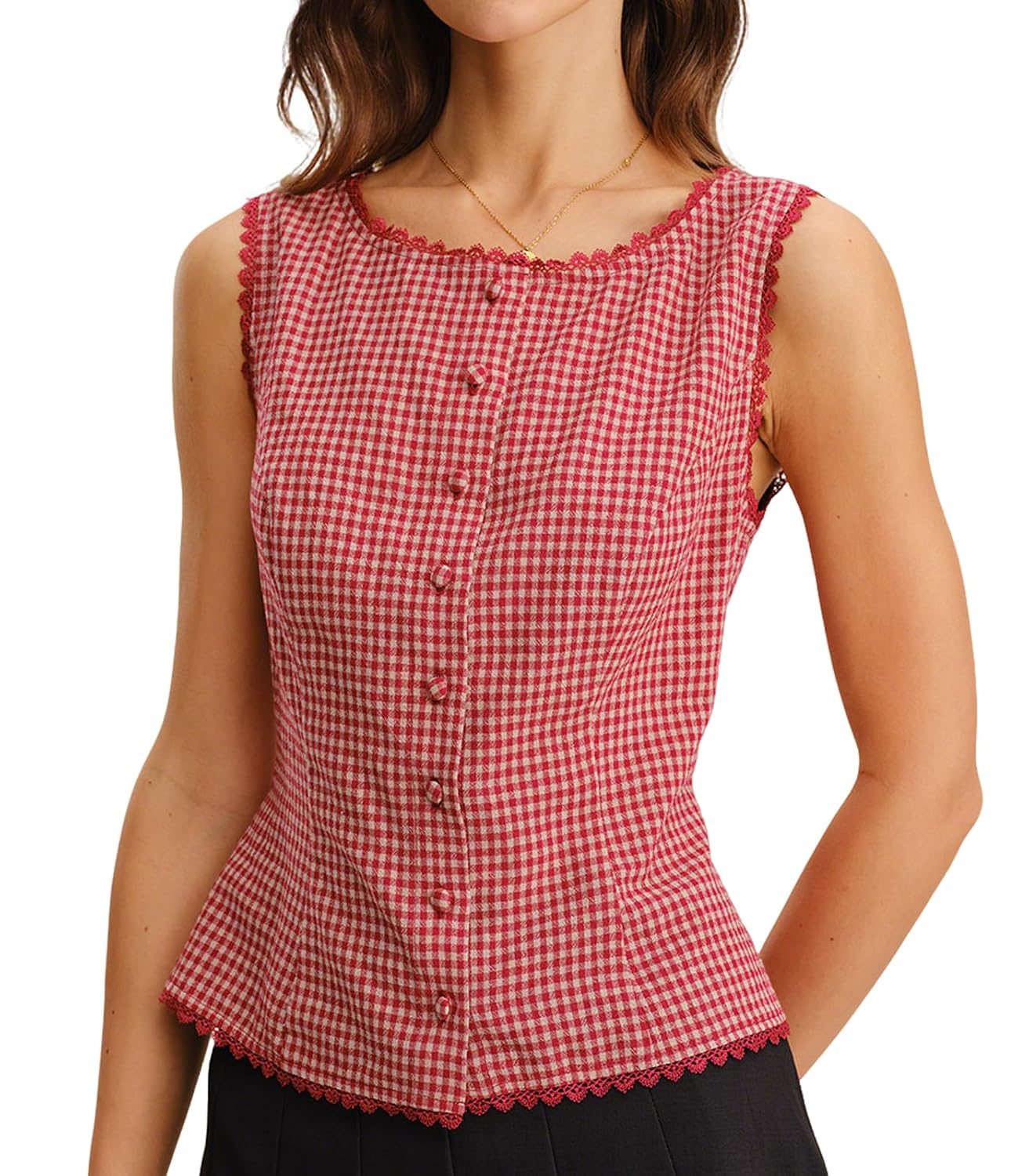 RIHOAS Women's Brown Plaid Sleeveless Button Down Blouse - Lace Trim Fitted Waist Business Casual Work Tops for Spring Summer - Review, Price and Buying Guide
