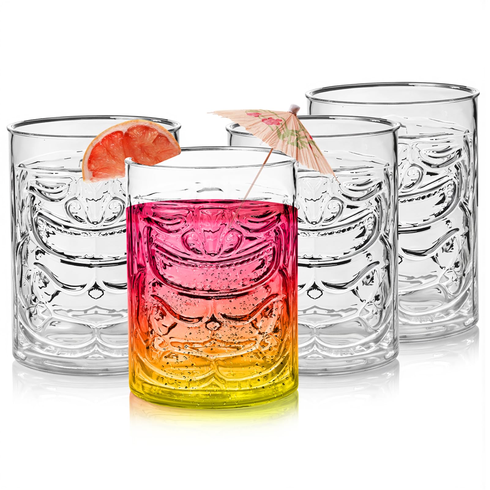 Lily's Home Set of 4 Tiki Cups for Cocktails - 22 oz Plastic Tumbler Drinkware - Transparent, Beach-Inspired Design - Versatile Tiki Cups for Parties,