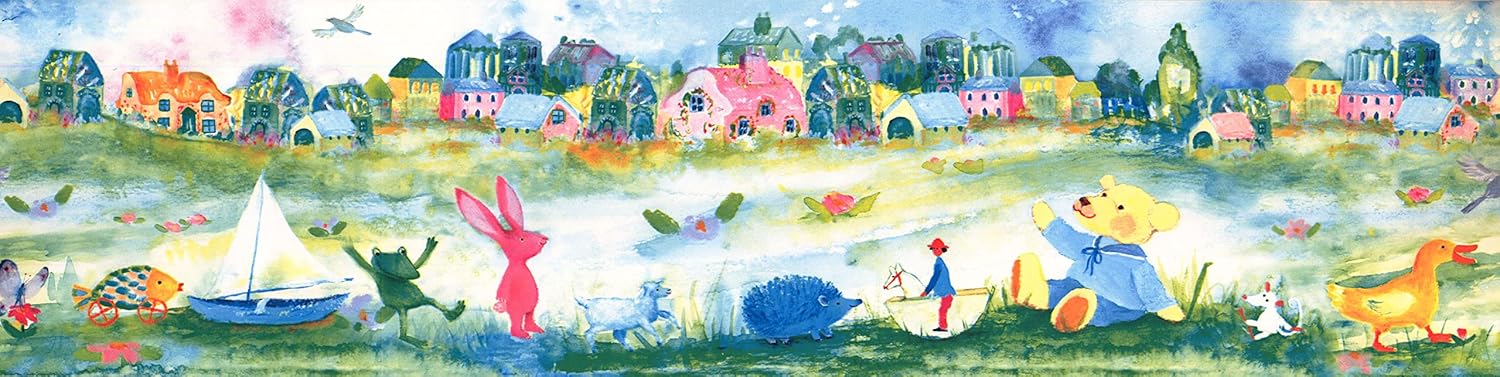 CONCORD WALLCOVERINGS ™ Kids Wallpaper Border Watercolor Houses Animals for Bedroom Play Room Nursery Room, Blue Green Yellow Pink, 15 ft by 7 in 110041
