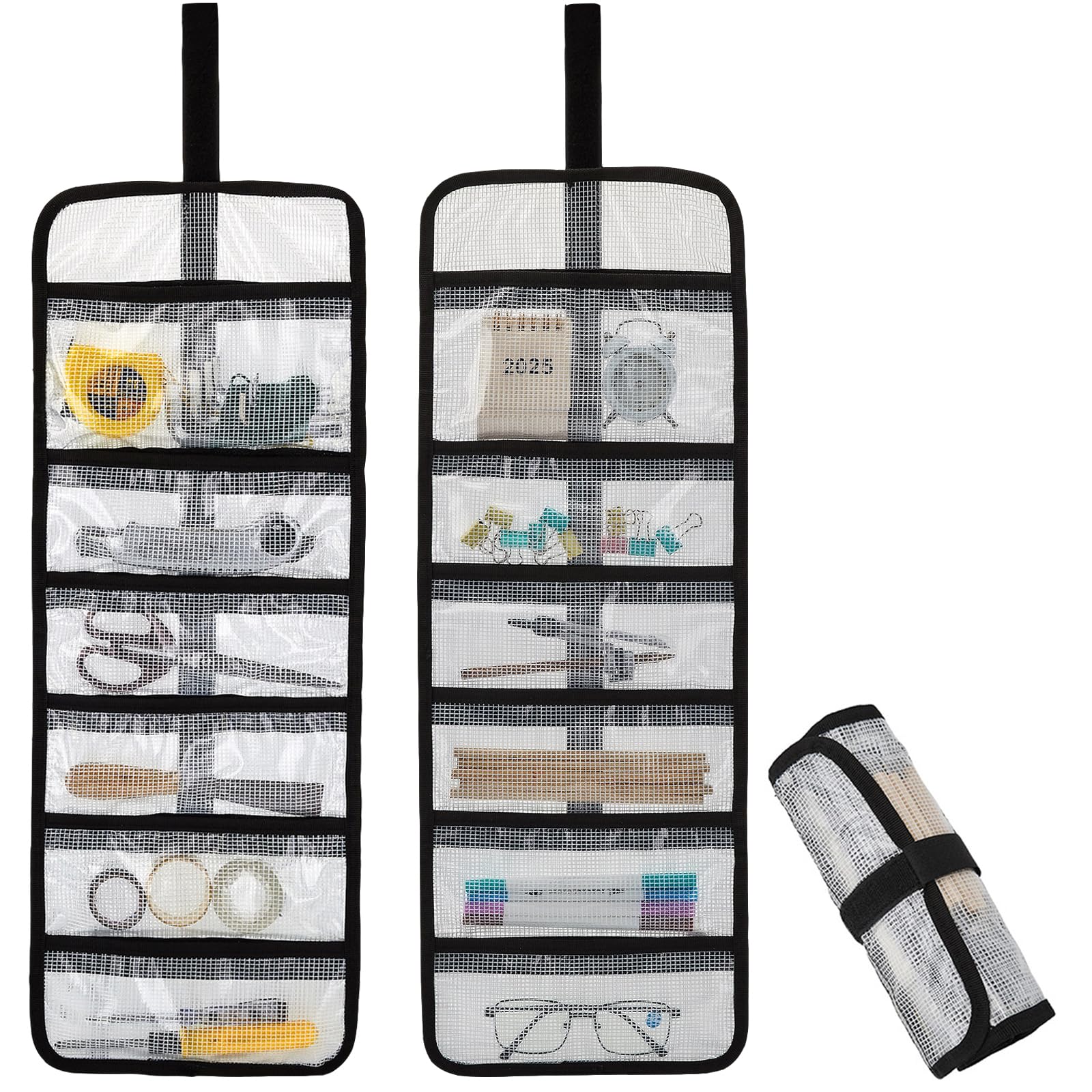 Small Roll Up Storage Bag, 6 Pockets Roll Up Tool Kit, Suitable for Mechanics, Kitchen Storage, Art Sketching, Travelling, Potter's Tools, Office Objects, Transparent and Visible, Space-saving 2 Pack