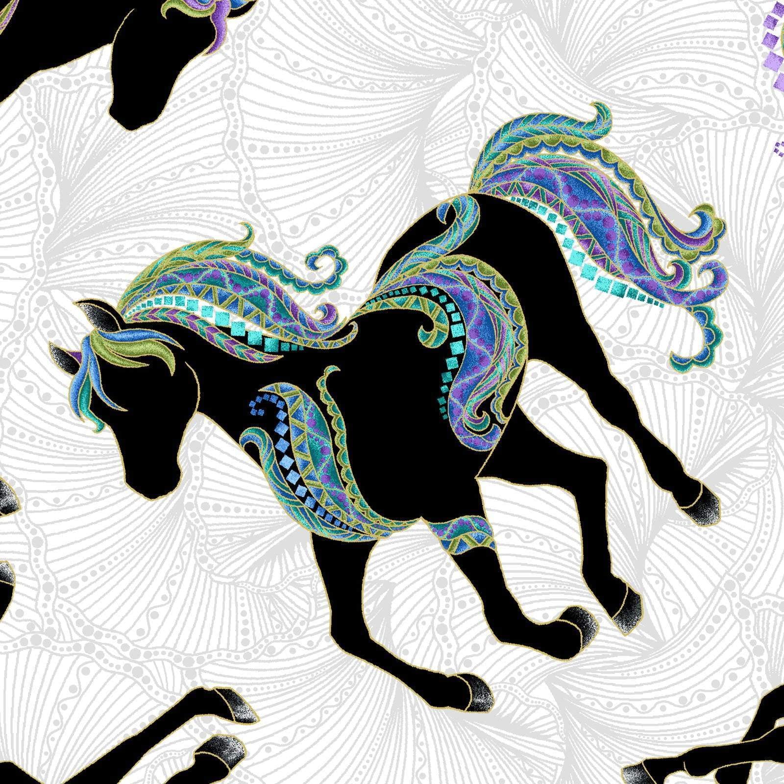 Benartex White Fat Quarter 'Horsen Around' Metallic Horse Silhouette 100% Cotton Fabric
