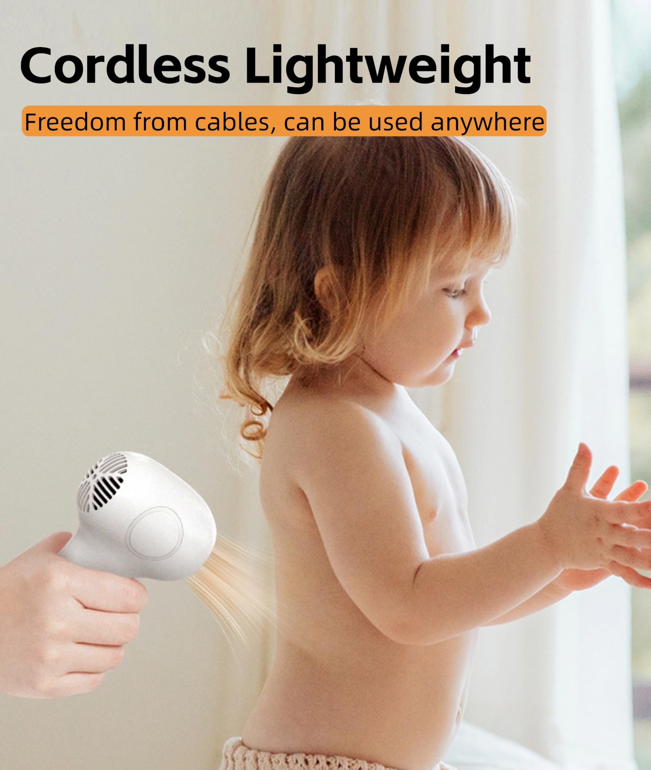 Sèche-cheveux pour bébé, Chaleur Douce à Faible Bruit pour bébé en Bas âge, Sèche-cheveux sans Fil Rechargeable à Température Constante à 2 Vitesses, Petit Sèche-cheveux (Blanc