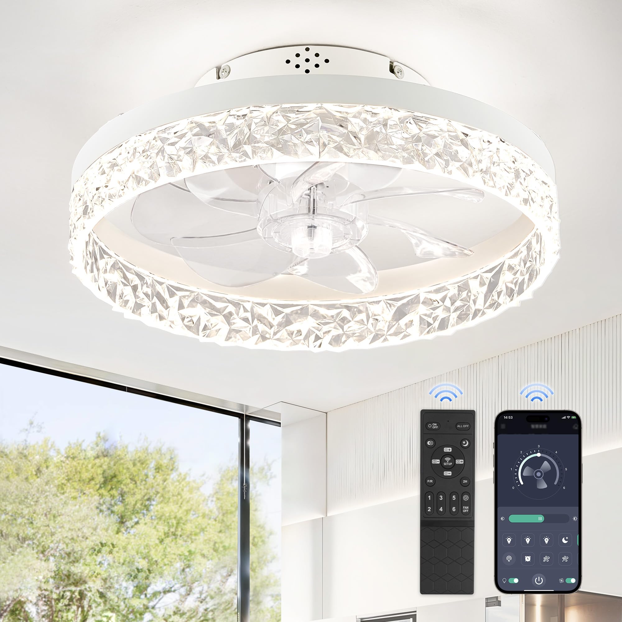 LEDIARY 15.7" Modern Ceiling Fans with Lights and Remote, Dimmable Low Profile Ceiling Fan, Flush Mount Ceiling Fan, Stepless Color Temperature Change and 6 Speeds - White