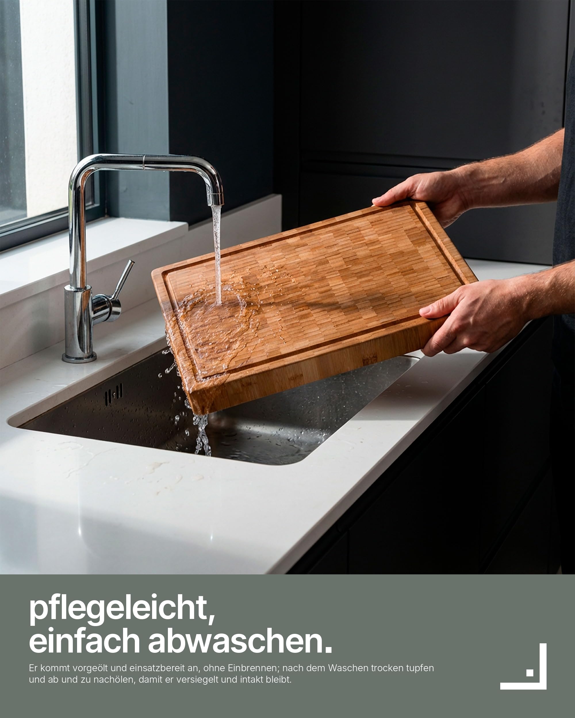 LARHN Stirnholz Hackblock Bambus massiv - 40x30x4 cm - Schneidebrett Holz | Messerschonend, Saftrille, Griff, vorgeölt, wendbar, plastikfrei, für Fleisch, Gemüse, Brot, Käse & Wurst