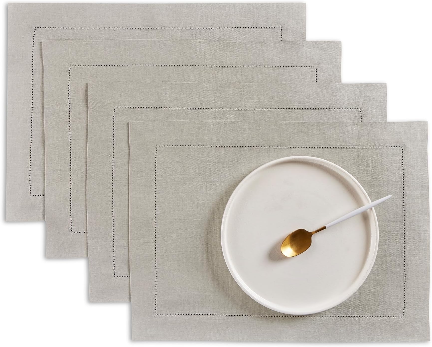 Solino Home Linen Cloth Placemats Set of 4-100% Pure Linen Medium Weight Hemstitch Light Grey Placemats 14 x 19 Inch - Handcrafted and Machine Washable Table Place Mats
