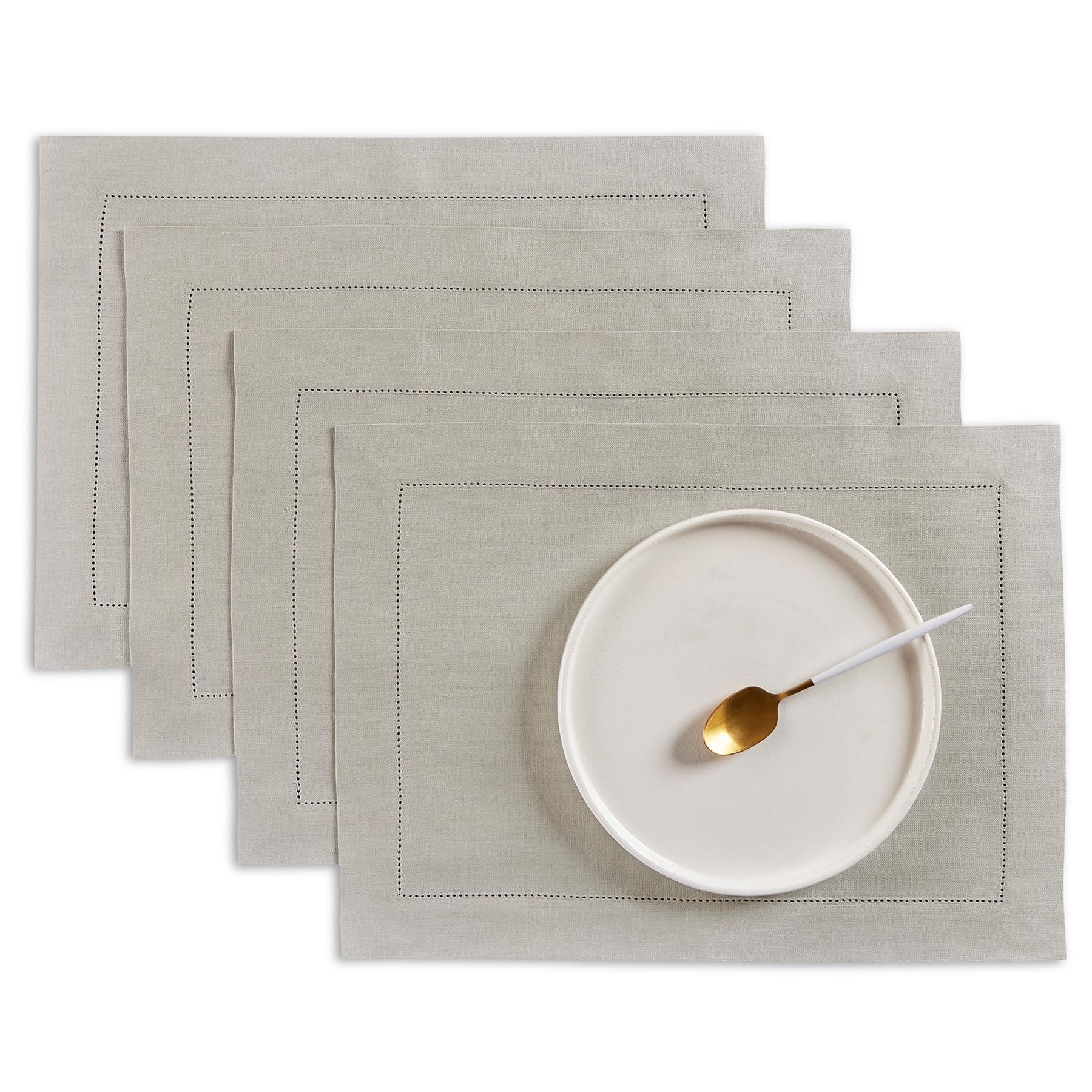 Solino Home Linen Cloth Placemats Set of 4-100% Pure Linen Medium Weight Hemstitch Light Grey Placemats 14 x 19 Inch - Handcrafted and Machine Washable Table Place Mats for Summer, Fall, Autumn