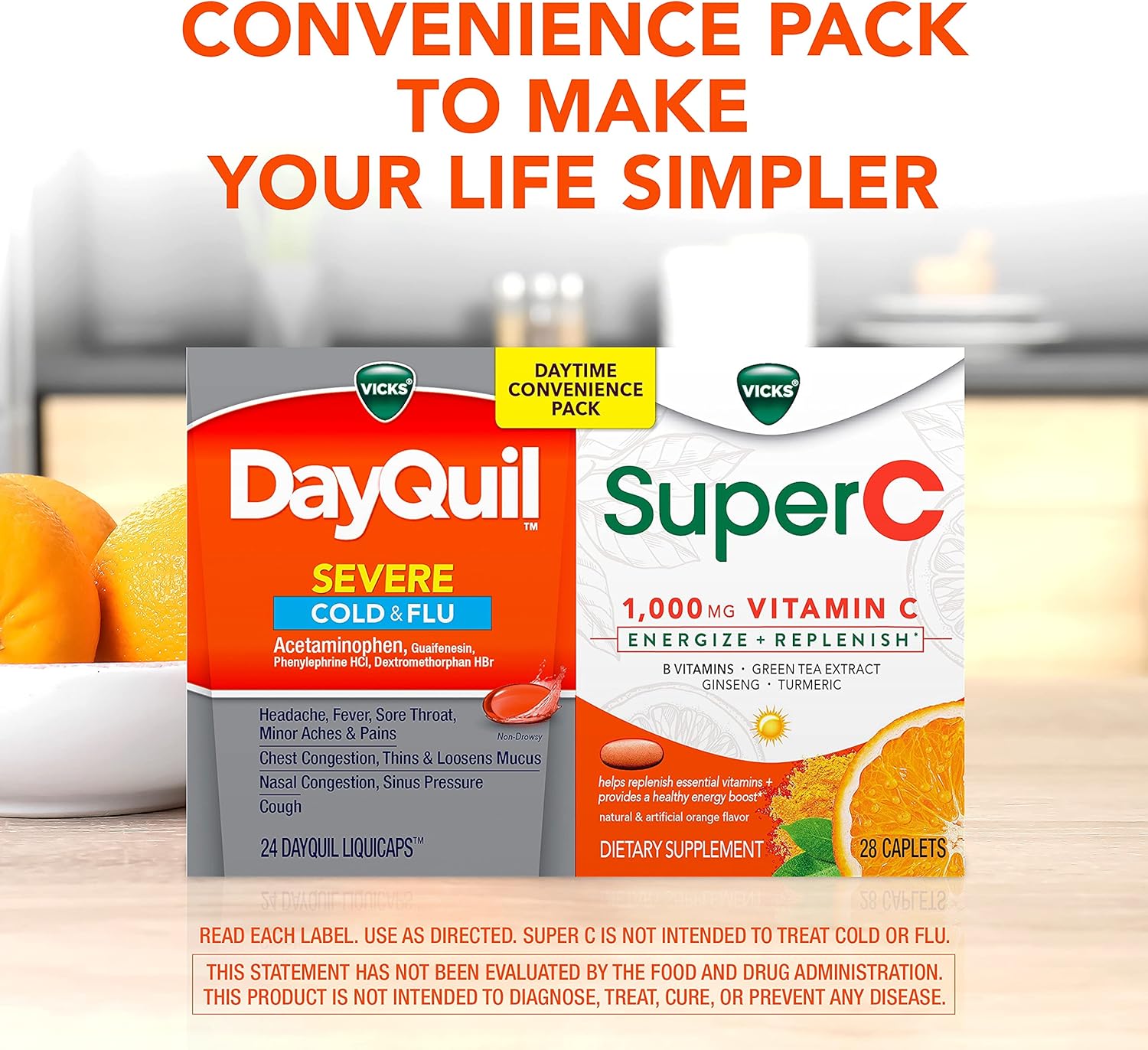 Vicks DayQuil & Super C Convenience Pack: DayQuil Severe Medicine for Cold & Flu Relief, Conveniently Packaged with Super C Energize and Replenish* Daily Supplement with Vitamin C, B Vitamins, 52ct : Health & Household