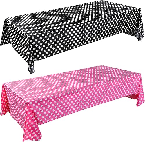 Mantel de plástico de lunares blancos de 54 x 108 pulgadas, mantel de plástico con lunares blancos para decoración de fiestas (fondo rosa y negro)